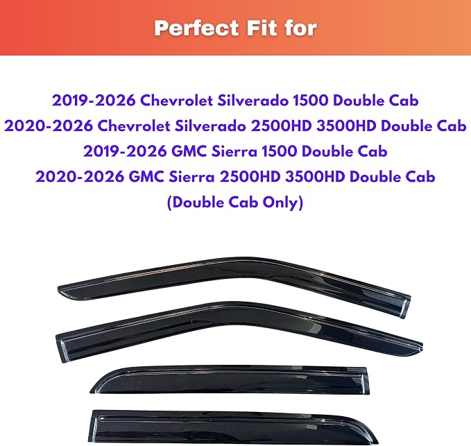 KPY Rain Guards for 2019-2026 Chevrolet Silverado/GMC Sierra 1500 Double Cab, Out-Channel Window Visor Vent Deflector, Truck Accessories for 2020-2026 Chevy Silverado/Sierra 2500HD 3500HD Extended Cab