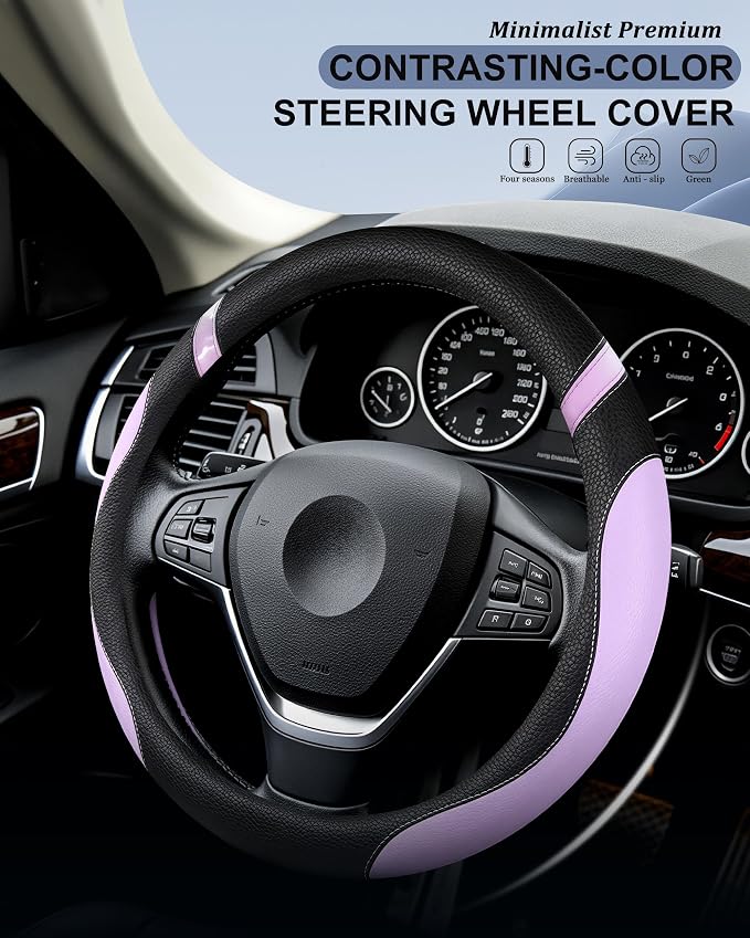 Universal Leather Steering Wheel Cover for Women Steering Wheel Cover for Car 15 inch (Lilac Color)