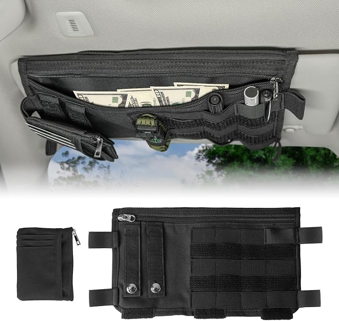 Car Sun Visor Organizer, Double Sided Visor Organzier with Card Pouch for Cars, Trucks, Vans, Multi-Functional Sunglass Holder, Tactical MOLLE Accessories