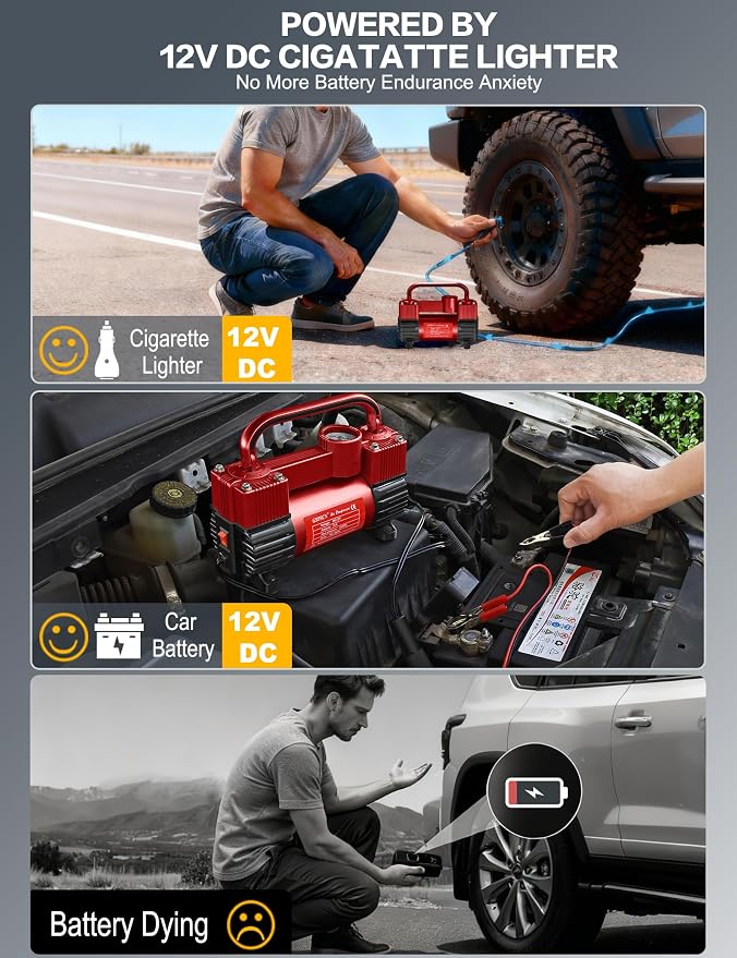 12V Heavy Duty Tire Inflator Metal Portable Air Compressor Pump | 6X Faster Inflation Dual Cylinders 150PSI Air Pump with Adapter for Car, RV,Pickup Truck, SUV, Van,Camper, Air Bed,Ball