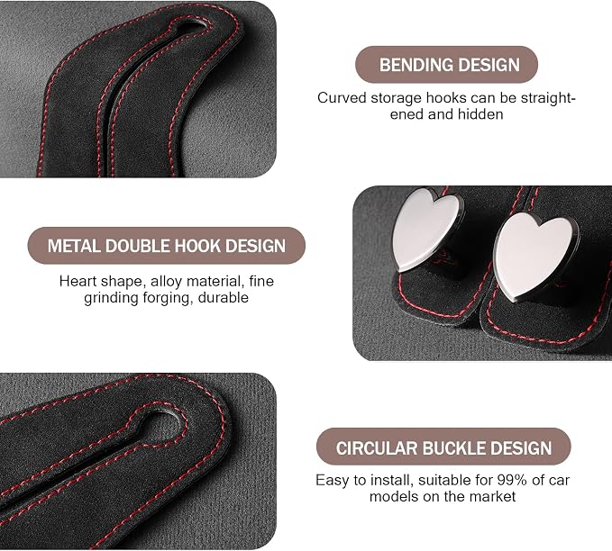 2 PCS Car Seat Headrest Hook, Car Hooks for Headrest, Storage Double Heart Shape Hooks, Suede Foldable Soft Hook Organizer, Universal for Cars (Black)