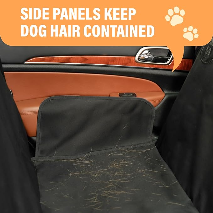 Waterproof Hammock Standard Car Seat Cover, Fits Sedans Hatchbacks Crossovers Coupes Compact Vehicles, Secure Convertible Travel Bed Protects Backseat Cargo from Dogs, Black w/Blue Trim