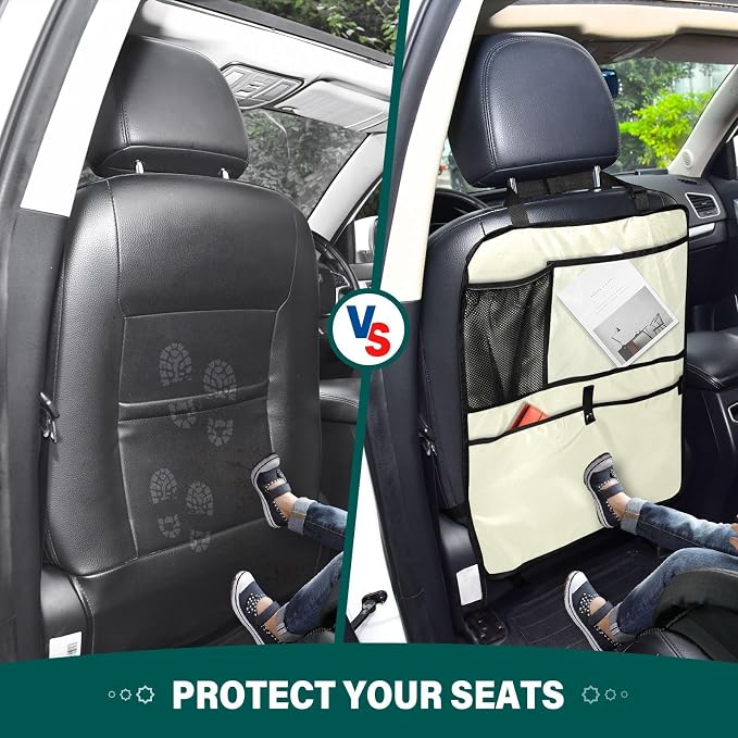 Light Yellow Seat Back Protector Car Kick Mats with Pockets Protector, 2 Pack Car Seat Protector for Child Car Seat