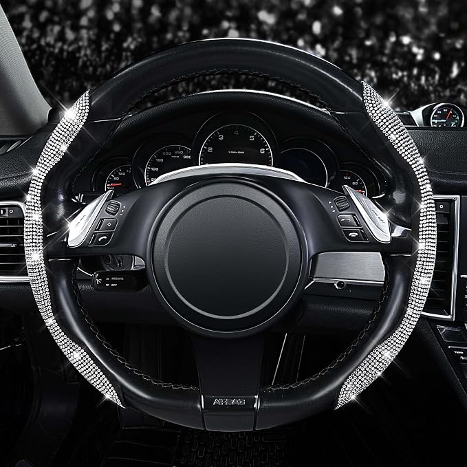Bling Diamond Segmented Steering Wheel Cover with Crystal Rhinestones, 2PCS Wheel Protector Non-Slip Cute Car Accessories Universal Fit D-Shape O-Shape 14.5" to 16" for Women, Silver Diamond
