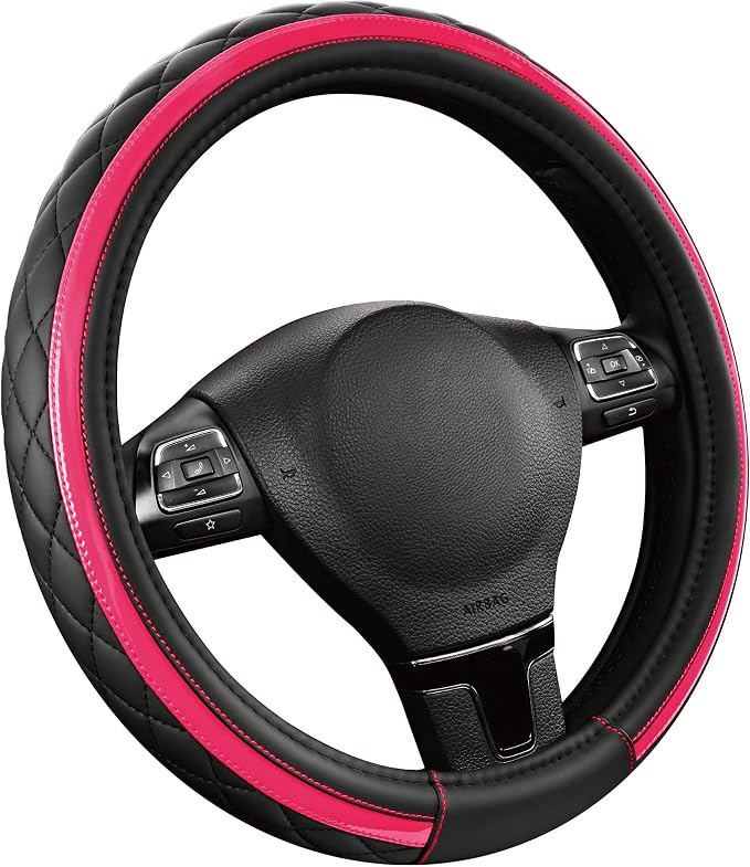 Leather Steering Wheel Cover – Black & Hot Pink, Universal Fit 14.5-15 Inch, Microfiber Leather, Anti-Slip & Breathable Design for Men and Women
