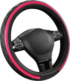Leather Steering Wheel Cover – Black & Hot Pink, Universal Fit 14.5-15 Inch, Microfiber Leather, Anti-Slip & Breathable Design for Men and Women