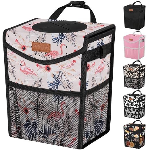 Car Trash Can with Lid, Cute Leakproof Car Trash Garbage Bag Hanging Vehicle Trash Bin Small Portable Automotive Garbage Cans Organizer for Back/Front Seat/Console(2.8 gal,Flamingo Print