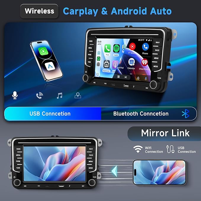 4G 64G Android Car Stereo for VW Passat Golf MK5 MK6 Jetta T5 EOS Polo Touran Seat Sharan Wireless Carplay Android Auto, 7'' Touchscreen Car Radio with GPS/BT 5.0/5G-WIFI/32EQ FM Backup Camera SWC