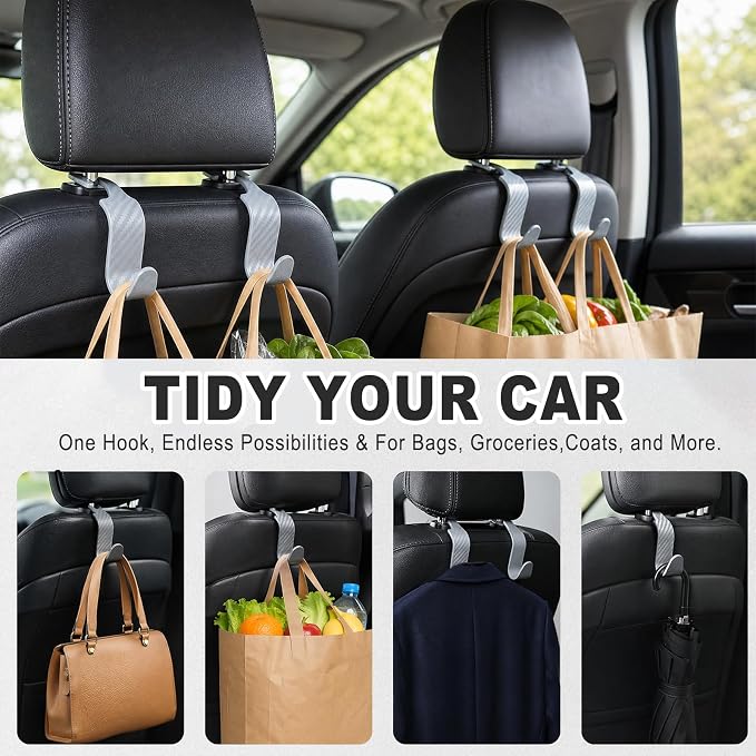 Car Seat Hooks for Headrest 4 Pack, Car Seat Back Storage Hook, Universal Vehicle Headrest Hanger for Purse, Handbag, Coat, Umbrella, Grocery Bags, Practical Interior Accessories
