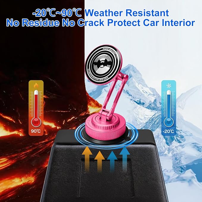 PIEPIE All-Metal Alloy Long Arm Magnetic Suction Cup Car Phone Mount(Pink) | Strong Powerful Magnetic Heavy-Duty Windshield Dash 360° Mechanical Rotation Cell Mobile Phone Vehicle Bracket for All Cars