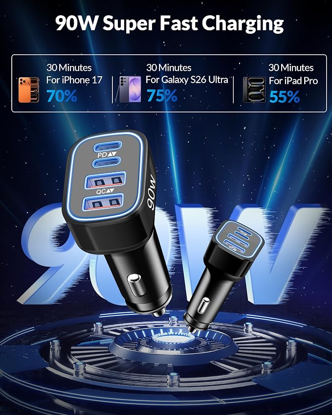 2-Pack USB C Car Charger 90W 4-Port Cigarette Lighter Adapter Accessories | PD/PPS/QC Super Fast Charging,12-24V USB Outlet,Multiport Car Phone Charger for iPhone/Galaxy/Tablet,Family Travel Essentials
