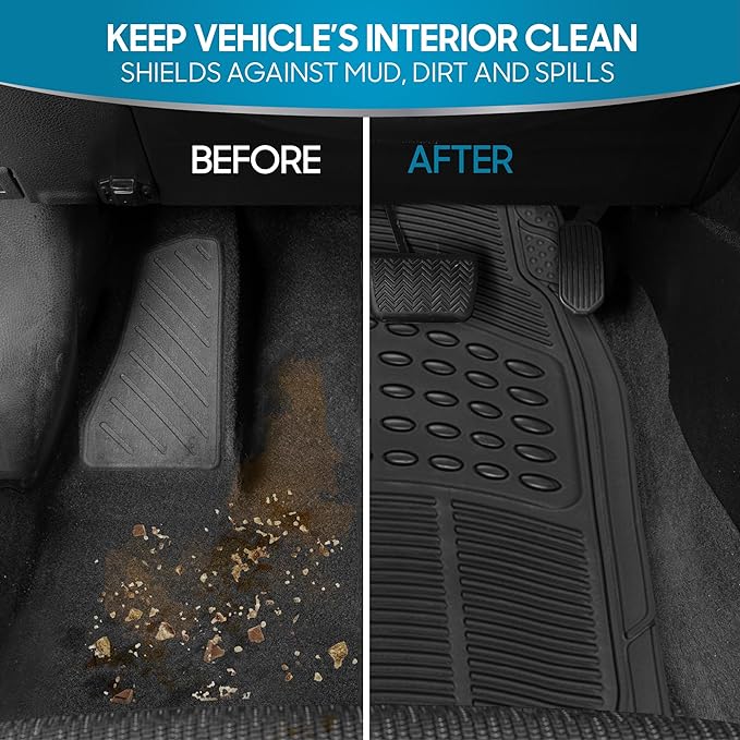 ProLiner Car Floor Mats for Cars Trucks SUV, 3-Piece All-Weather Heavy Duty Rubber Liners with Universal Trimmable Fit, Durable Waterproof Vehicle Auto Floor Mats with Capture Ridges Black