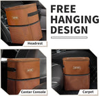 Brown Car Trash Can with Adjustable Strap, Magnetic Snaps, Waterproof Lining, and Storage Pocket