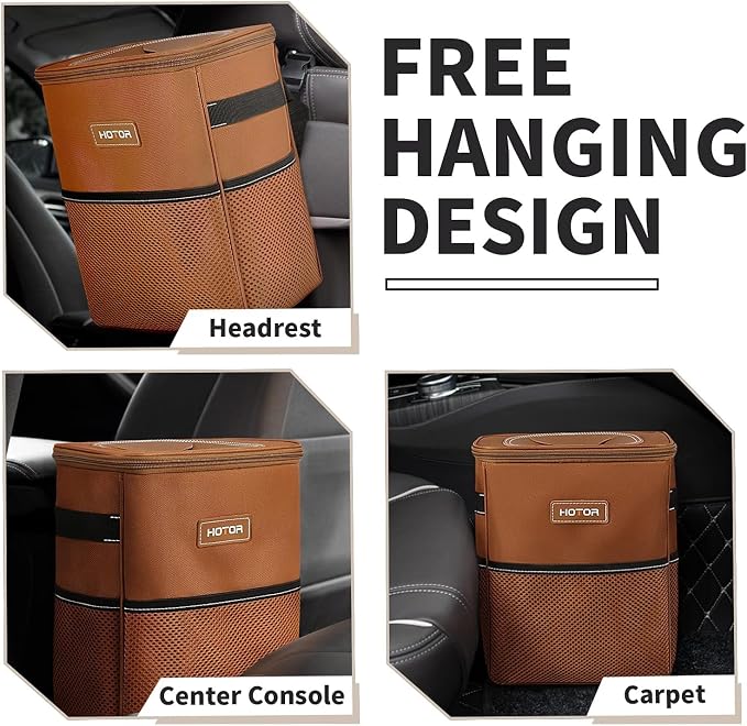 Brown Car Trash Can with Adjustable Strap, Magnetic Snaps, Waterproof Lining, and Storage Pocket