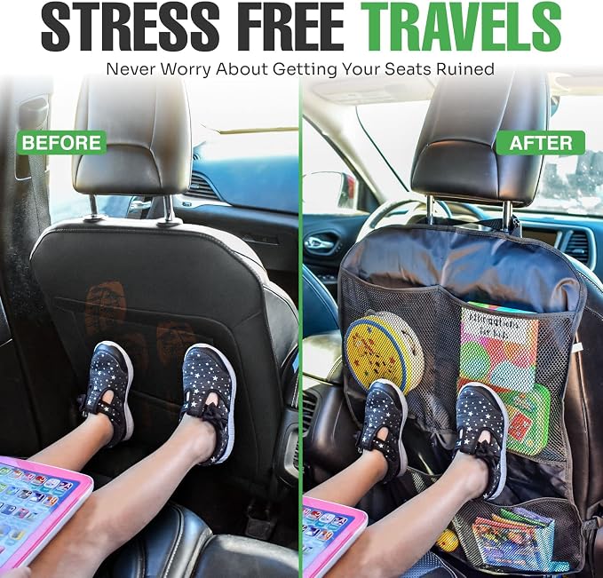 Back Seat Cover for Kids + 4 Pocket Storage Organizer, 2 Pack X-Large Waterproof Kick Mats Backseat Protector, Car Seat Back Protectors for Vehicles to Protect from Dirt, Mud & Scratches