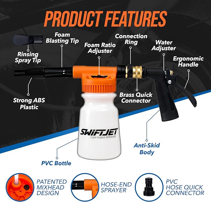 Car Wash Foam Gun + Microfiber Wash Mitt - Foam Cannon Works with Any Soap - Garden Hose Car Foam Sprayer - Car Wash Kit - Car Accessories Foam Blaster (Orange Foam Gun with Mitt)