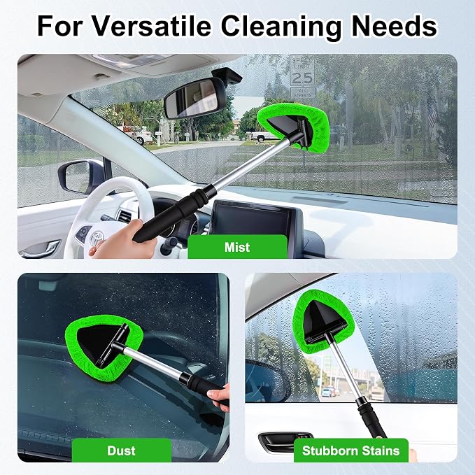 Windshield Cleaner Tool, Car Interior and Exterior Window Cleaning Kit with Extendable Handle & 4 Reusable Microfiber Pads, Auto Glass Wiper Brush Kit for Car & Home Windows (Green)