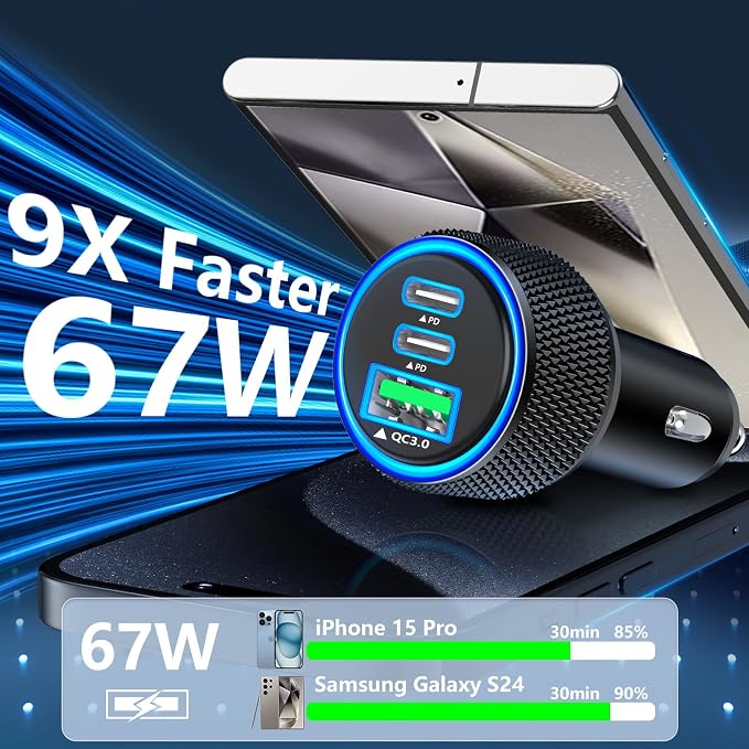 [Apple MFi Certified] iPhone 17 Car Charger Fast Charging, KYOHAYA 3Port 67W PD/QC Car Power Adapter USB-C Car Charger Car Accessories + Type-C Braided Cord for iPhone 17/17 Pro/16 Pro/15/Galaxy/Pixel