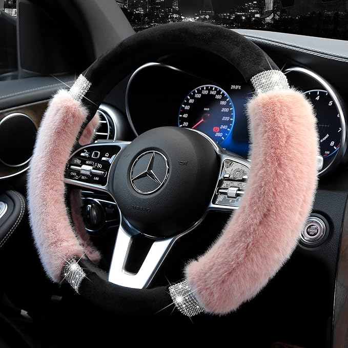 Rhinestone Fluffy Steering Wheel Cover - Comfortable Non-Slip Luxury Faux Wool, Universal Fit for 14.5" to 15" Steering Wheels