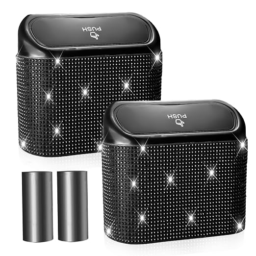 Bling Car Trash Can with Lid - 2 Pack, Mini Auto Garbage Can with 60 Trash Bags, Automotive Garbage Container Bin, Bling Car Accessories Trash Can for Women (Black Diamond)