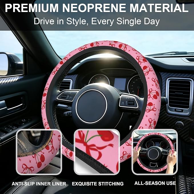 Cherry Steering Wheel Cover,Red Bow with Cherry 2 PCS Car Coasters Pink 14.5-15 Inch Neoprene Steering Wheel Cover,Anti-Slip Breathable Car Accessories Fits Auto Interior Decor