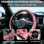 Cherry Steering Wheel Cover,Red Bow with Cherry 2 PCS Car Coasters Pink 14.5-15 Inch Neoprene Steering Wheel Cover,Anti-Slip Breathable Car Accessories Fits Auto Interior Decor