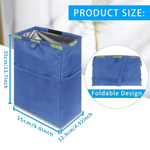 Hanging Car Trash Can with 4 Storage Pockets, Waterproof Leakproof Oxford Auto Garbage Bag, Adjustable Garbage Bag, Foldable Car Trash Bin Fit for Truck, SUV, Home, Office