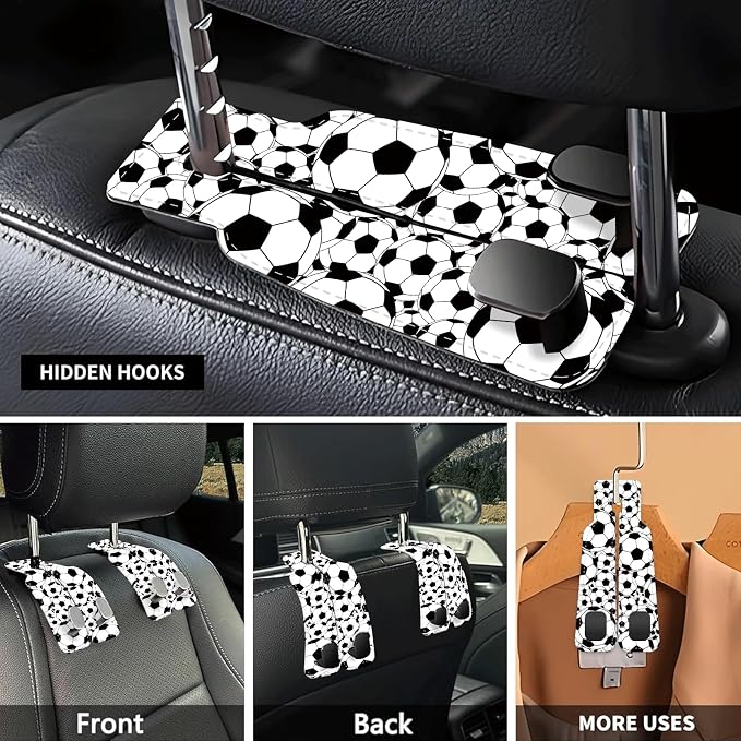Car Seat Headrest Hook, Universal Leather Cute Hanger Holder Hook, Storage Organizer Interior Accessories for Purse Bags Handbag Black White Soccer