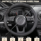 Car Steering Wheel Cover for Prius Civic Model 3 Model Y Camaro, Small Size 14-14.25 inch, Black Microfiber Leather