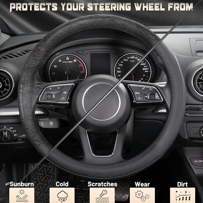 Car Steering Wheel Cover for Prius Civic Model 3 Model Y Camaro, Small Size 14-14.25 inch, Black Microfiber Leather