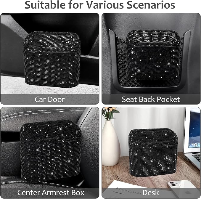 Bling Car Trash Can with Lid, Mini Vehicle Garbage Organizer Storage Bin Dustbin, Sparkling Crystal Rhinestone Holder Container with 30pcs Garbage Bags Car Accessories