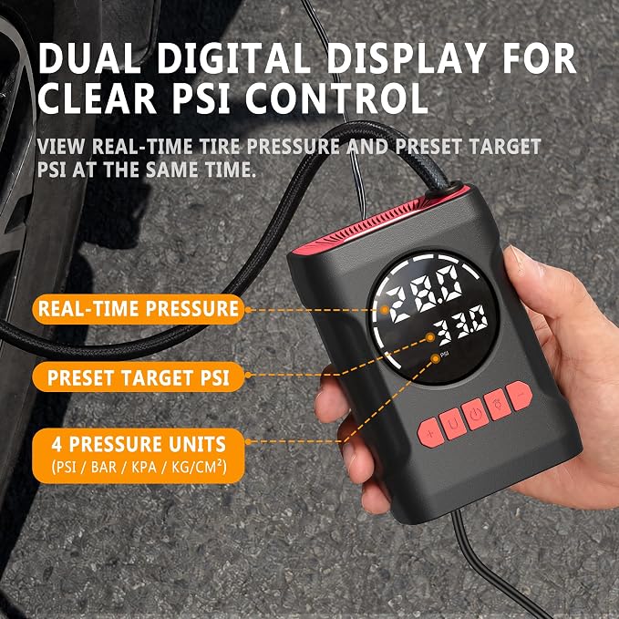 R6 12V DC Tire Inflator Portable Air Compressor, Car Air Pump with Dual Digital Display, Preset Pressure, Auto Shut-Off, 3 Light Modes, Plug-In Tire Pump for Cars, Motorcycles, Bikes, Balls