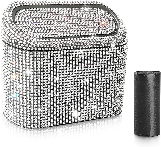 Bling Car Trash Can with 30pcs Garbage Bags, Vehicle Trash Bin with Lid Auto Dustbin Organizer Garbage Storage, Sparkling Crystal Mini Trash Container Holder