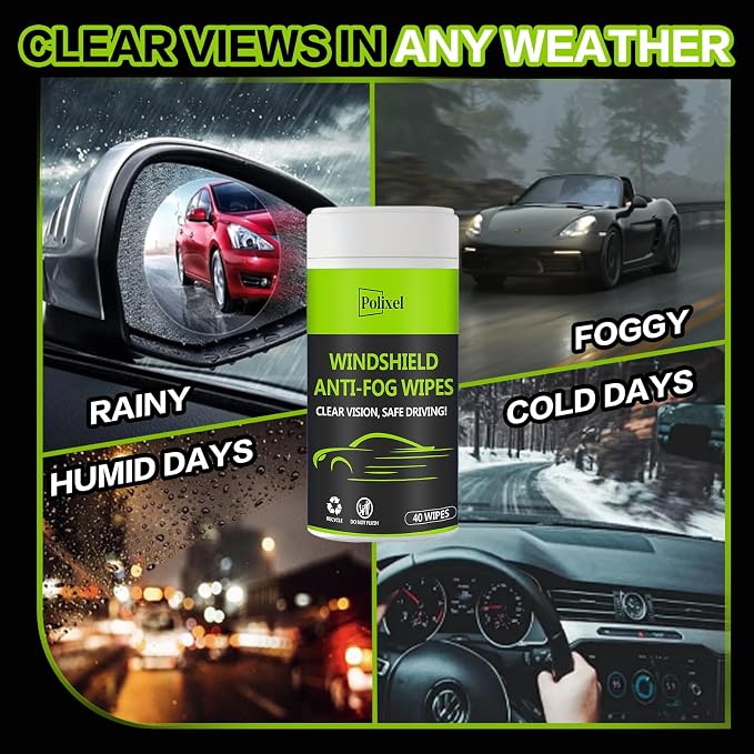 Glass Anti-Fog Wipes Pre-moistened Quick Antifog Defogger Prevent Fogging on Car Windshield, Mirror, Shower Door, Window, Helmets, Goggles Resealable Bottle Pack - 40 Wipes