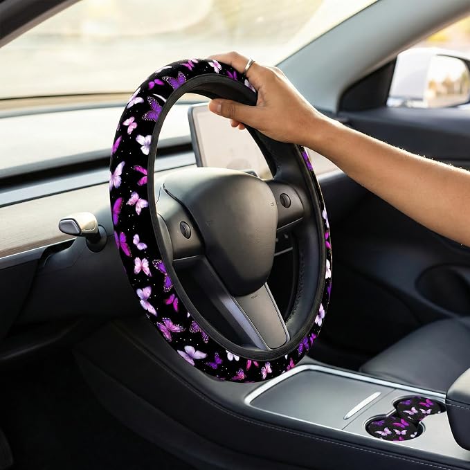 Butterfly Purple Steering Wheel Cover Set + Butterflies 2 Car Coasters | Cute Fashion Car Accessories, Breathable Anti-Slip, Universal 14-15 Inch, Neoprene Coasters, Gift for Women Men