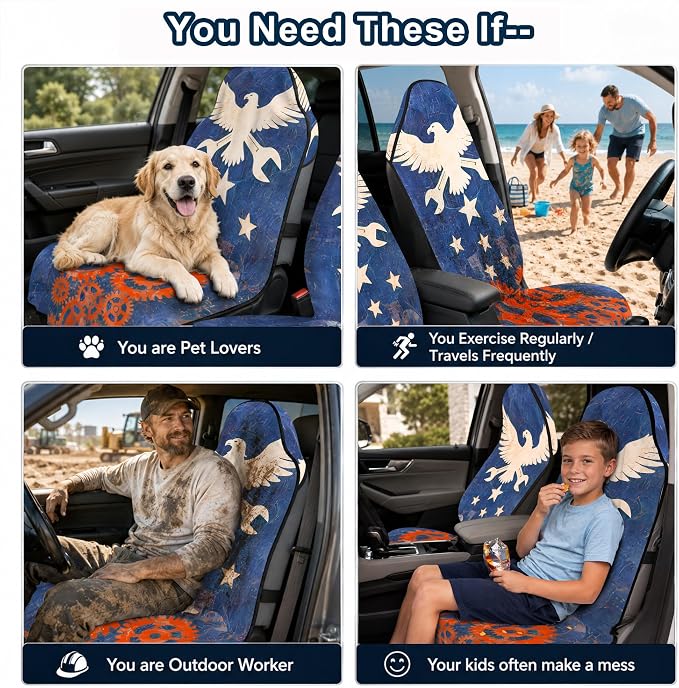 Car Seat Towel Cover 2 Pack for Front Seats, Sweat Absorbent Car Seat Protector with Non-Slip Backing, Waterproof Towel Car Seat Covers for Runners, Gym, Swimming, Beach, Pets, Mechanic Eagle