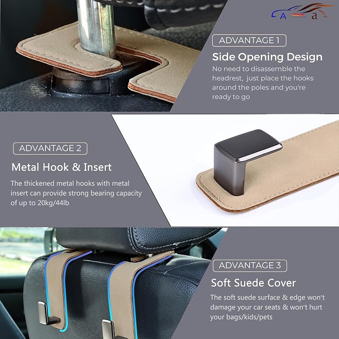 Car Seat Back Hook Universal Auto Storage Hanger Suede with Metal Car Seat Organizer for Handbag Purse Coat Umbrellas Grocery Bags 2 Pack Beige