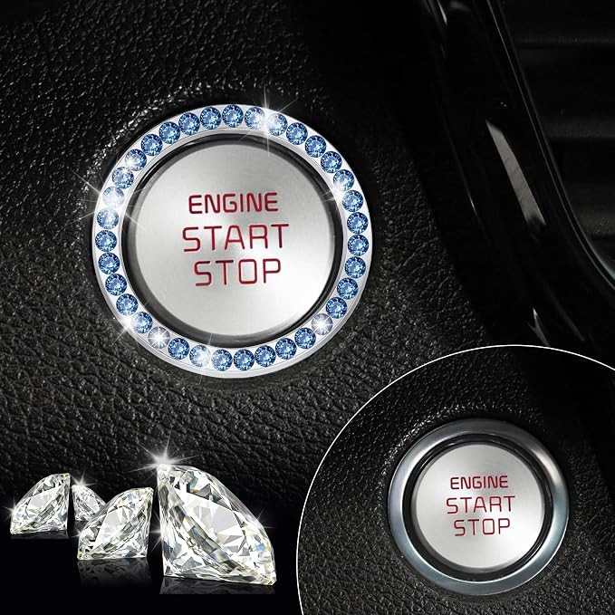 2 PCS Crystal Rhinestone Car Engine Start Stop Decoration Ring, Bling Car Interior Accessories for Women, Push to Start Button Cover Sticker, Automotive Decals, Blue