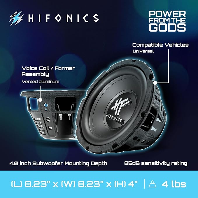 4 Pack HFX8D4 8" Round Subwoofer, 250 Watt Max 125 Watt RMS Single Speaker for Cars and Vehicles, 4 Ohm, Heavy Gauge and Powder Coated, Black