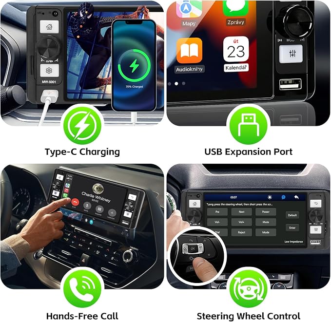 Single Din Radio Car Stereo with Wireless Apple Carplay & Android Auto, 5.7" IPS Touchscreen Car Stereo with Bluetooth 1080P Backup Camera Mirror Link Navigation Type-C Fast Chaging USB FM/AM EQ Mic