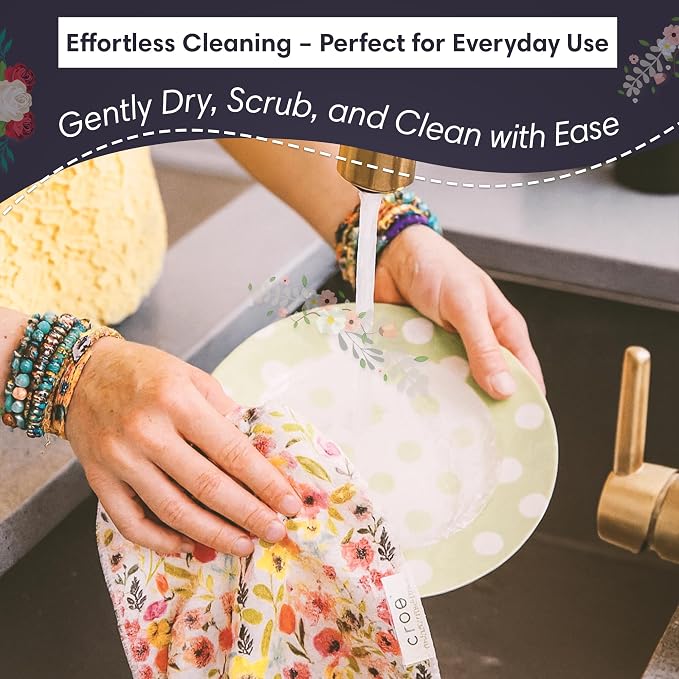 crae. Microfiber Hand Towel & Washcloth Set of 2 - Double-Sided, Waffle Weave, Super Absorbent, Lint-Free, Fast Drying - for Bathroom, Kitchen, Car, and Window Cleaning (Petal Lane/Posey)
