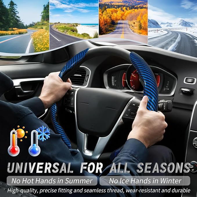 2pcs Car Steering Wheel Cover,Anti-Skid Carbon Fiber Steering Wheel Protector for Men Women,Multiple Color Options,Universal for Most Car Interiors Accessories (Bright Bule)