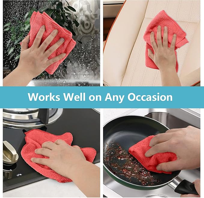Microfiber Cleaning Cloth, Premium Microfiber Towels for Cars, Lint Free, Scratch-Free, Highly Absorbent, Reusable Cleaning Rags for Car, Household, Kitchen, Window(Red,100)