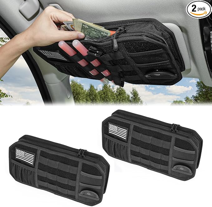 MAIKER 2 Packs Car Sun Visor Organizer, Car Organizer with Zipper Visor Organizer Storage Pouch, Glasses Clip, Card Holder, Molle Panel for Tactical Gears, for Most Vehicles, SUVs & Trucks