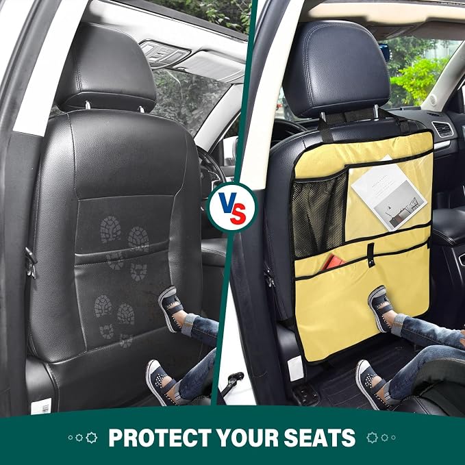 Lemon Yellow Car Seat Organizer for Kids Backseat Kick Mat with Adjustable Strap Seat Back Protectors for Car Vehicle SUV 2 Pcs