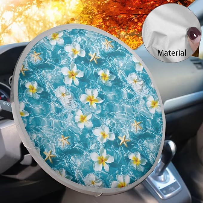 Steering Wheel Sun Shade Cover Sun Foil Anti-Heat Steering Wheel Cover Seaside Frangipani Steering Wheel Sun Heat Shield for SUV Truck Van Auto Interior Protector