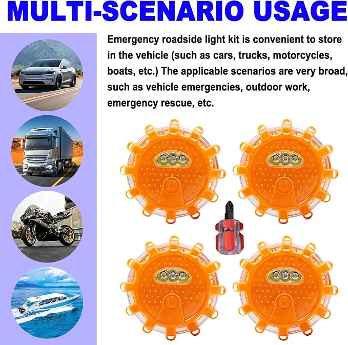 4 Pack Automotive Light LED Roadside Emergency Safety Flare Lights Hook Flashing Warning Beacon Disc Kit for Car Truck Vehicle Boat Automotive Security Rescue Search (Batteries not Included)