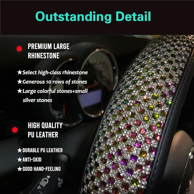 Large Size Bling Comfy Steering Wheel Cover with Jumbo Crystal Rhinestones, Anti-Slip Diamond Leather, 15.5-15.75 Inch (Colorful)