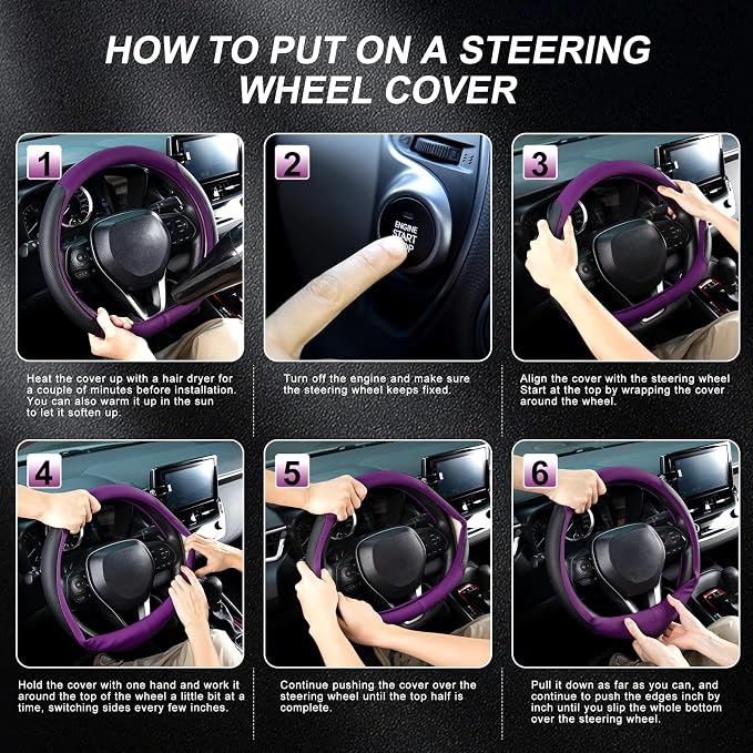D Shaped Steering Wheel Cover for 14.5-15 inch Flat Bottom Wheels, Breathable Perforated Microfiber Leather, Anti-Slip Grip, Universal Fit for Cars & SUVs, Black and Dawn Purple