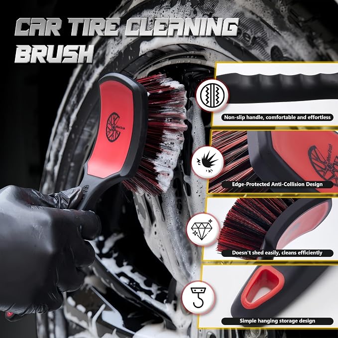 Wheel & Tire Brush Set, 2 Pack Car Wheel Brush & Tire Cleaner Brushes, Soft Bristle Rim Brush and Stiff Tire Scrub Brush, Scratch-Free Wheel Cleaning Kit for Car Detailing, Trucks, SUVs